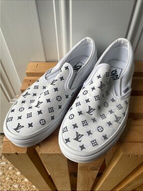 Vans Holographic LV Slip-On Sneakers with Black Monogram Pattern - White/Black